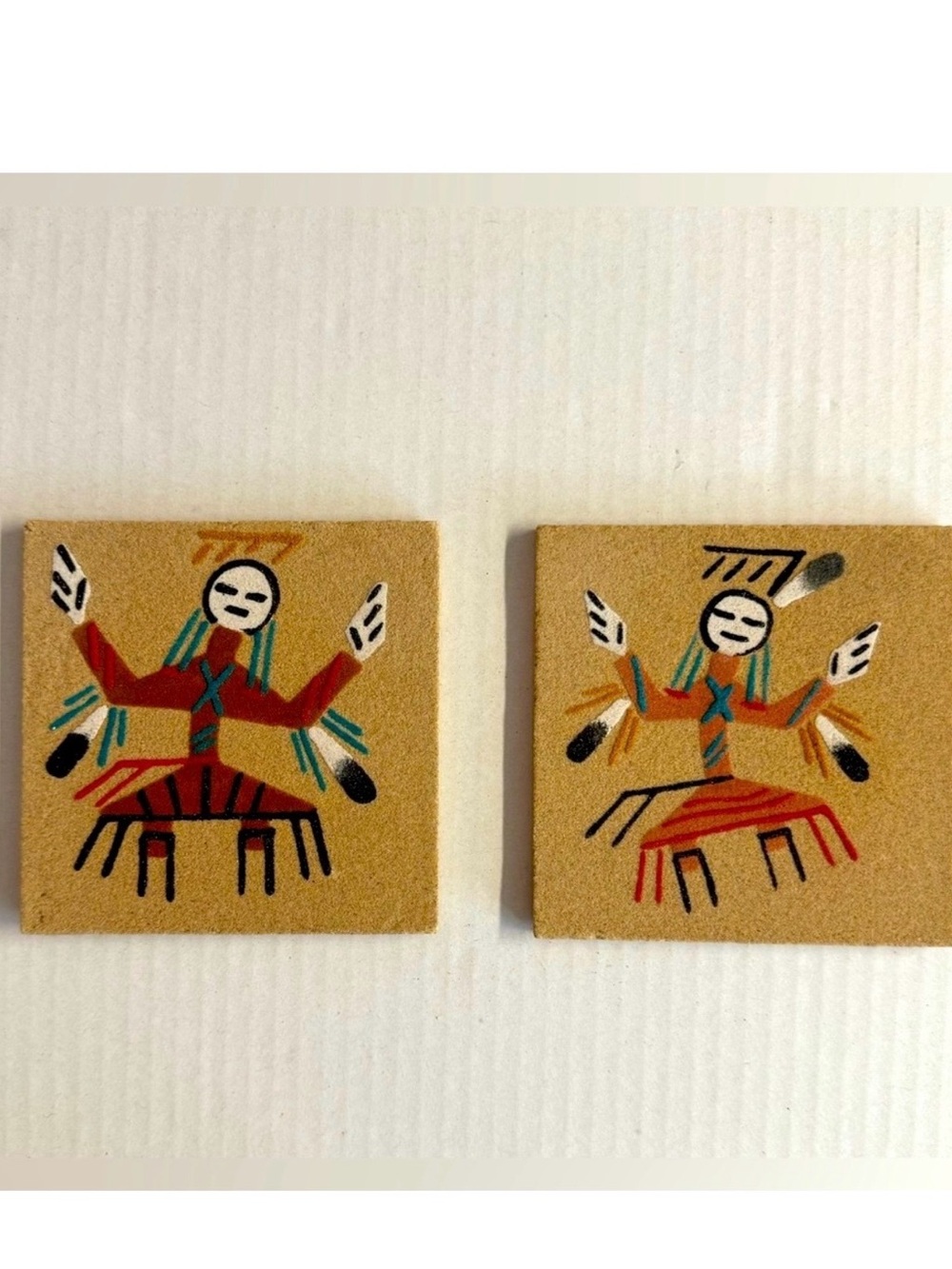Vtg 2 Navajo Signed Sand Art tiles.Beautiful colorful unique tiles.4”x4”